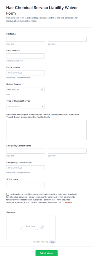 Hair Chemical Service Liability Waiver Form Template