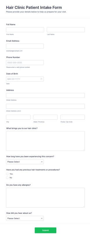 Hair Clinic Patient Intake Form Template