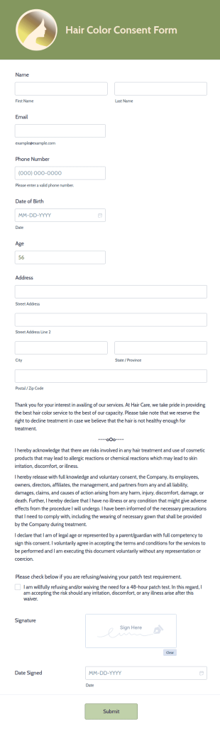 Hair Color Consent Form Template