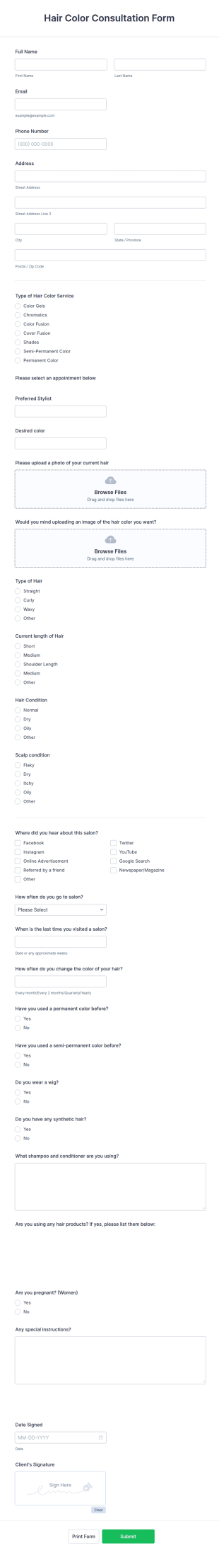 Hair Color Consultation Form Template