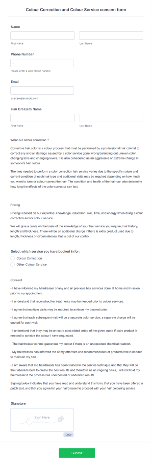 Hair Color Correction Service Consent Form Template