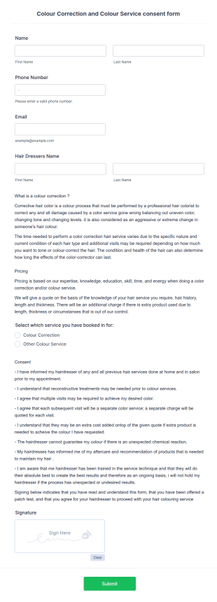 Hair Color Correction Service Consent Form Template