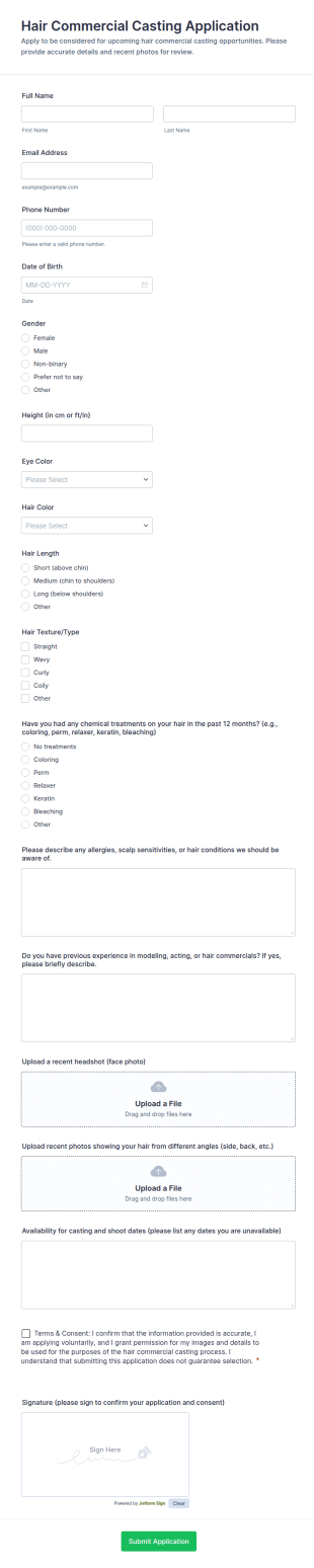 Hair Commercial Casting Application Form Template