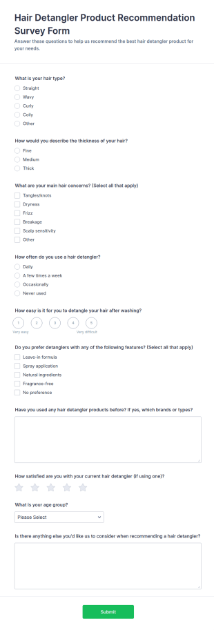 Hair Detangler Product Recommendation Survey Form Template