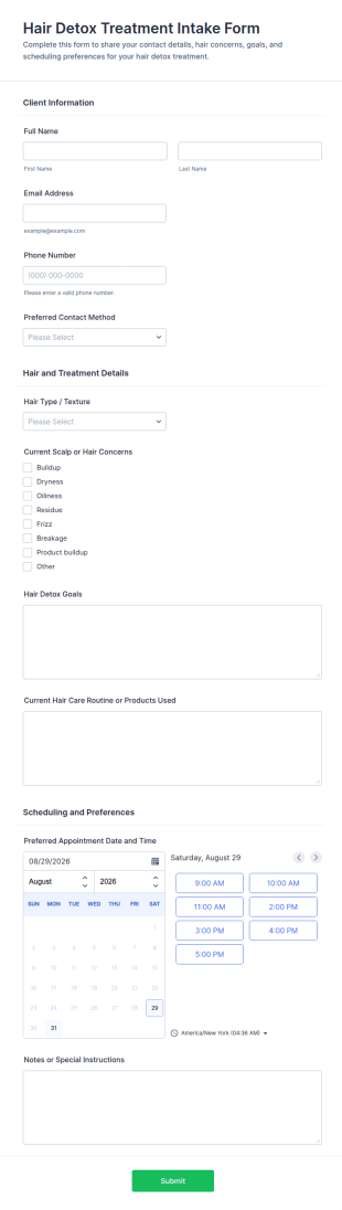 Hair Detox Treatment Intake Form Template