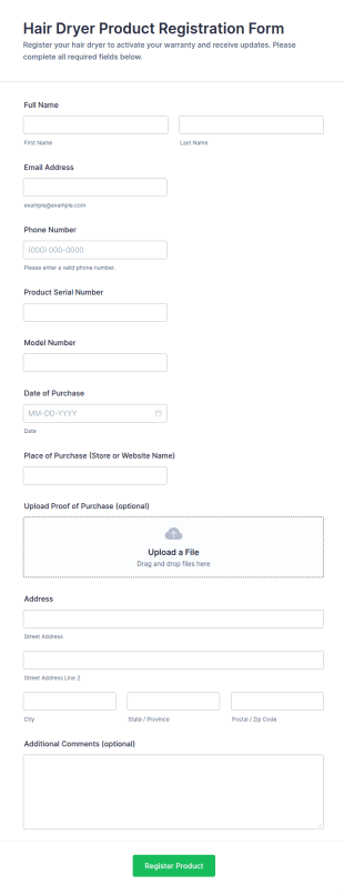 Hair Dryer Product Registration Form Template