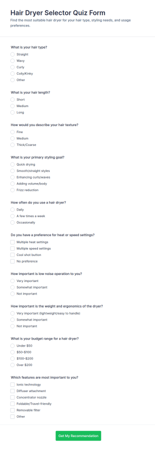 Hair Dryer Selector Quiz Form Template