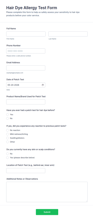 Hair Dye Allergy Test Form Template