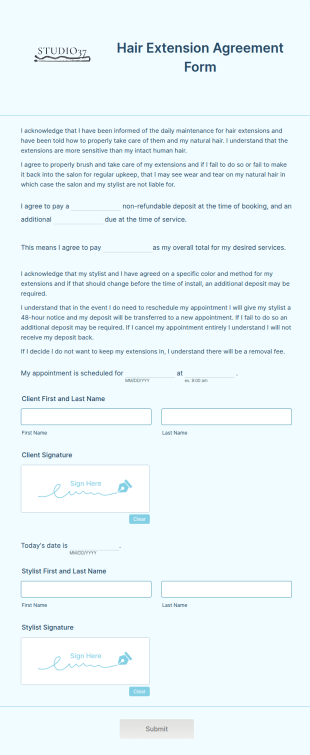 Hair Extension Agreement Form Studio 37
