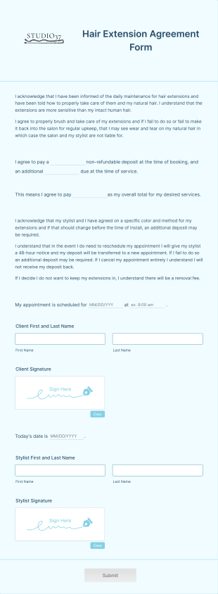Hair Extension Agreement Form Studio 37