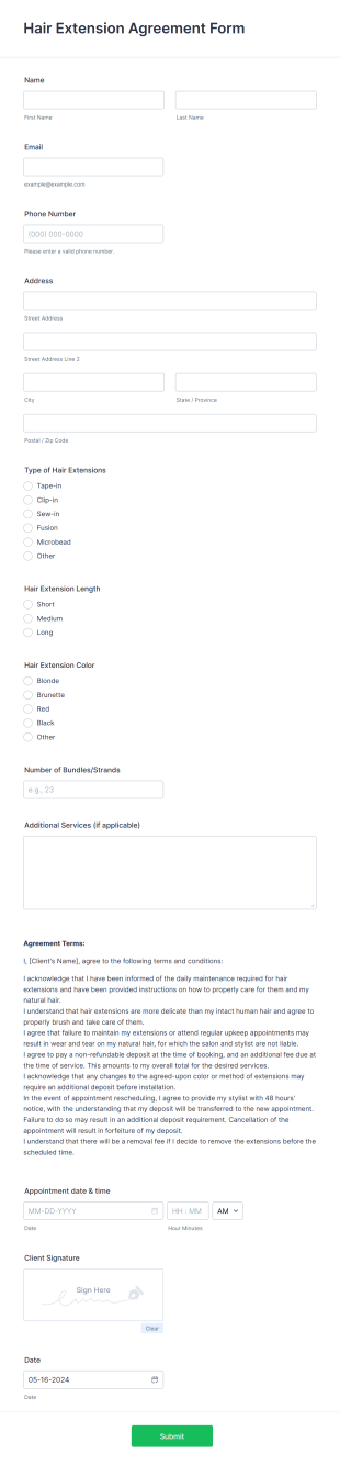 Hair Extension Agreement Form Template
