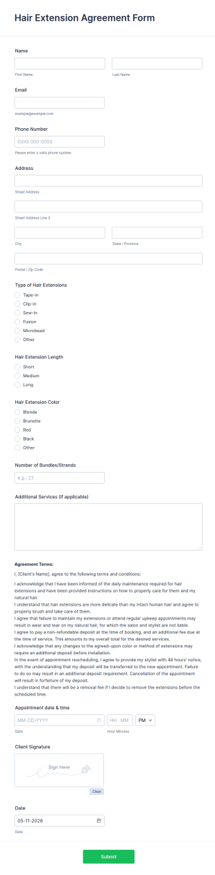 Hair Extension Agreement Form Template