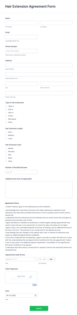 Hair Extension Agreement Form Template