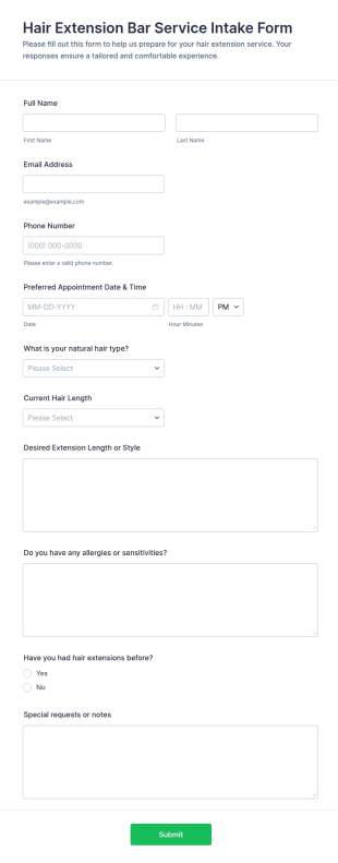 Hair Extension Bar Service Intake Form Template