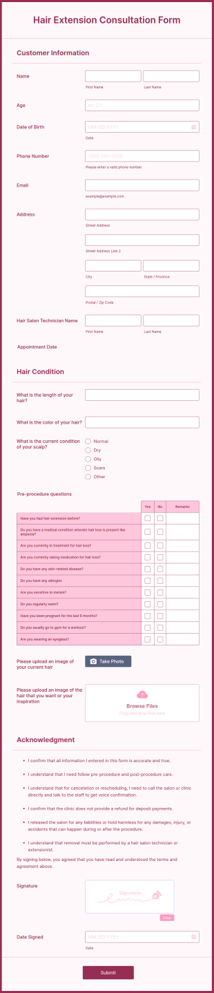 Hair Extension Consultation Form Template