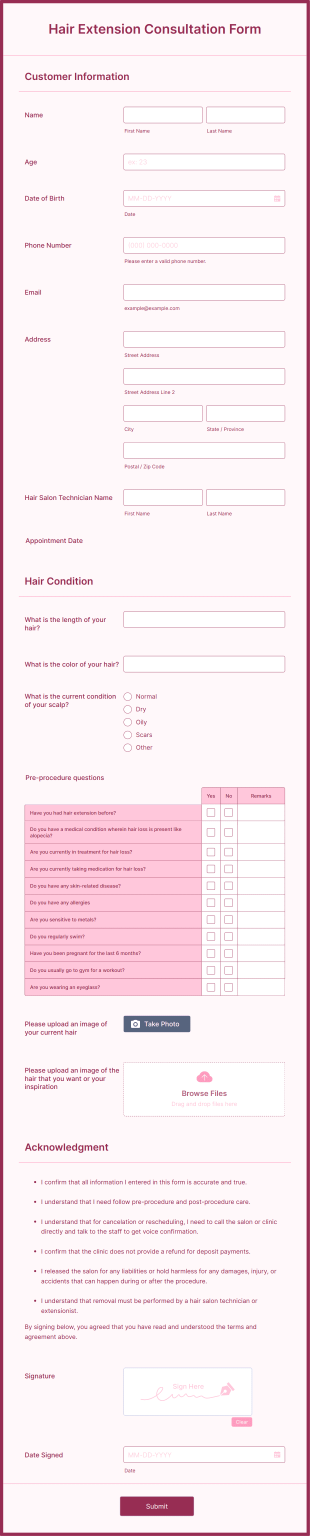 Hair Extension Consultation Form Template
