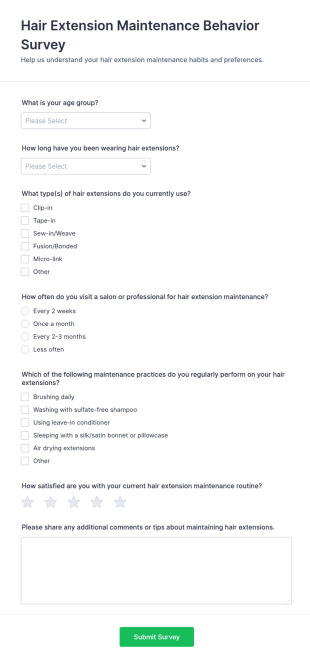 Hair Extension Maintenance Behavior Survey Form Template