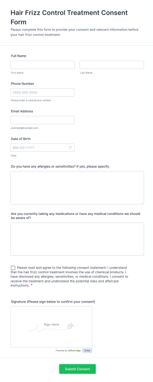 Hair Frizz Control Treatment Consent Form Template