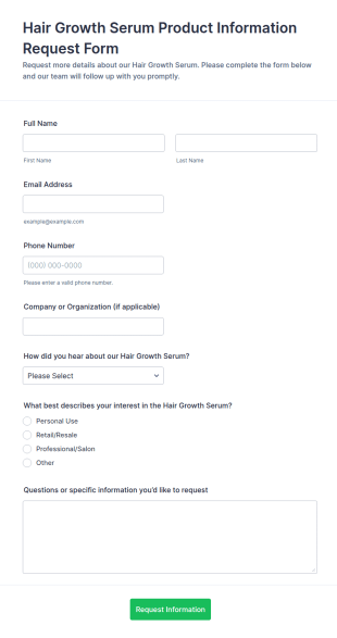 Hair Growth Serum Product Information Request Form Template
