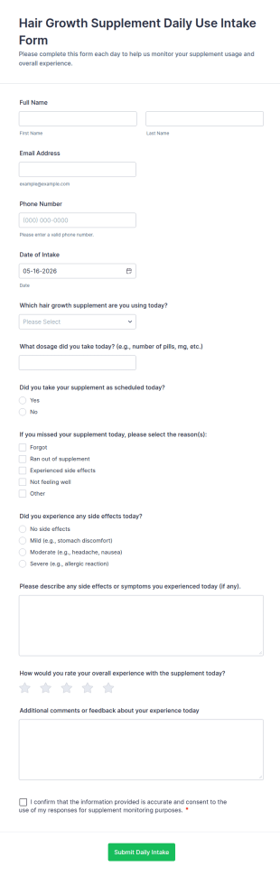 Hair Growth Supplement Daily Use Intake Form Template