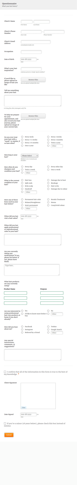 Hair History Questionnaire Form Template