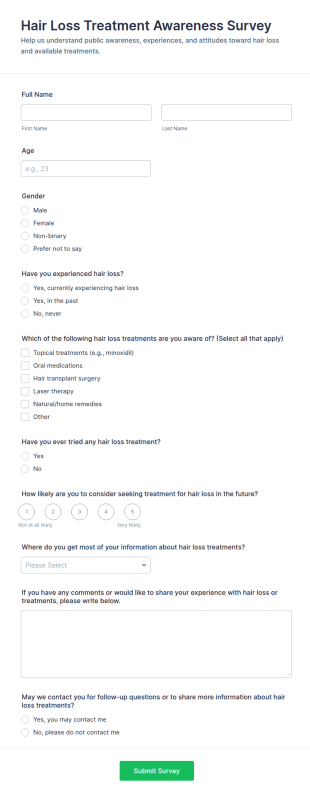 Hair Loss Treatment Awareness Survey Form Template