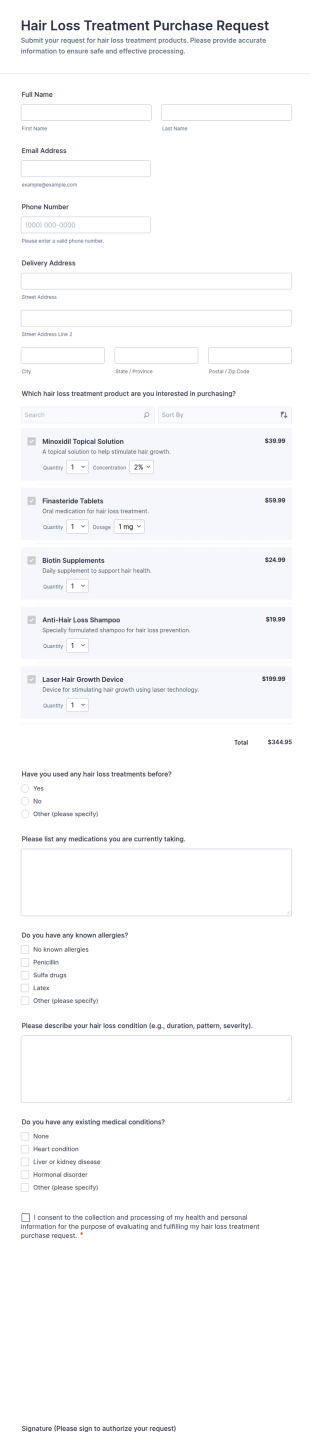 Hair Loss Treatment Purchase Request Form Template