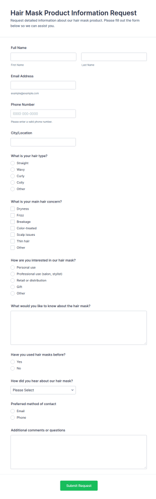 Hair Mask Product Information Request Form Template