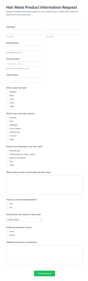 Hair Mask Product Information Request Form Template