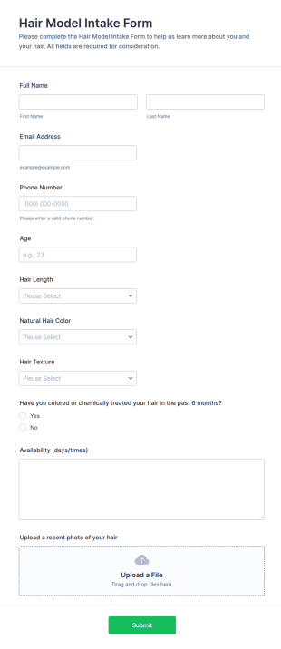 Hair Model Intake Form Template