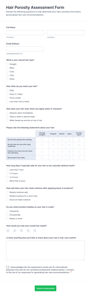 Hair Porosity Assessment Form Template