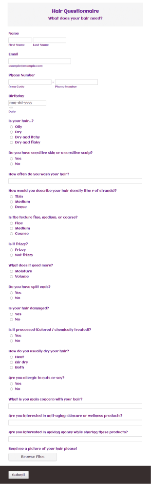 Hair Questionnaire Form Template
