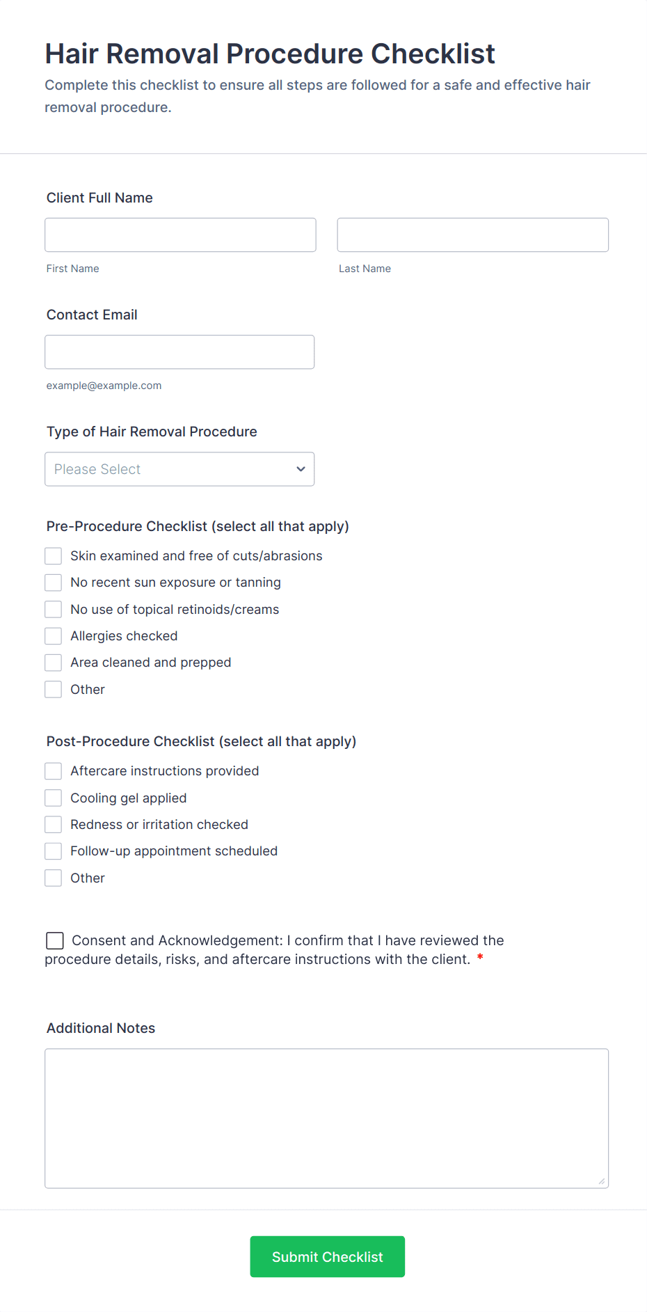 Hair Removal Procedure Checklist Form Template | Jotform