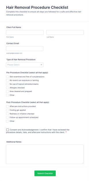 Hair Removal Procedure Checklist Form Template