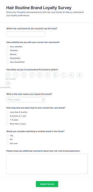 Hair Routine Brand Loyalty Survey Form Template