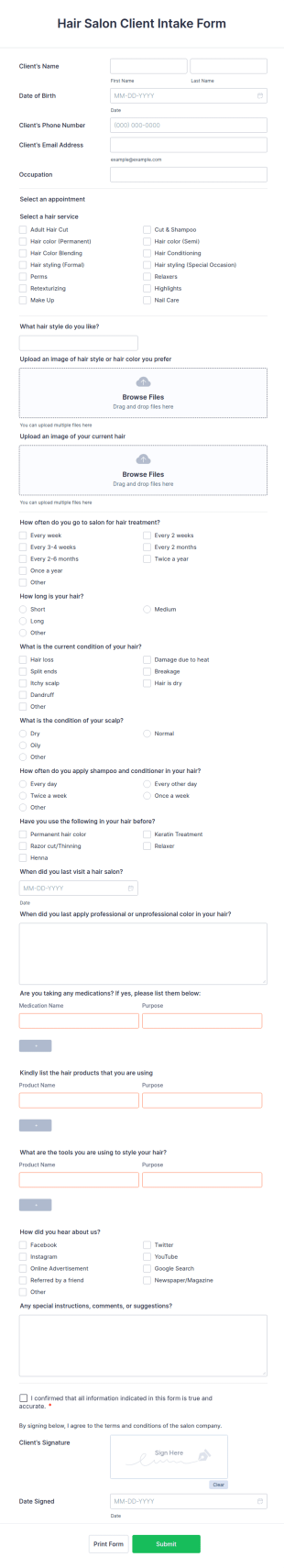 Hair Salon Client Intake Form Template