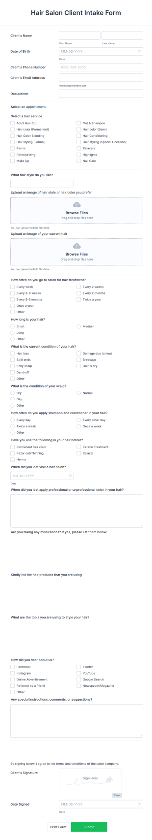 Hair Salon Client Intake Form Template