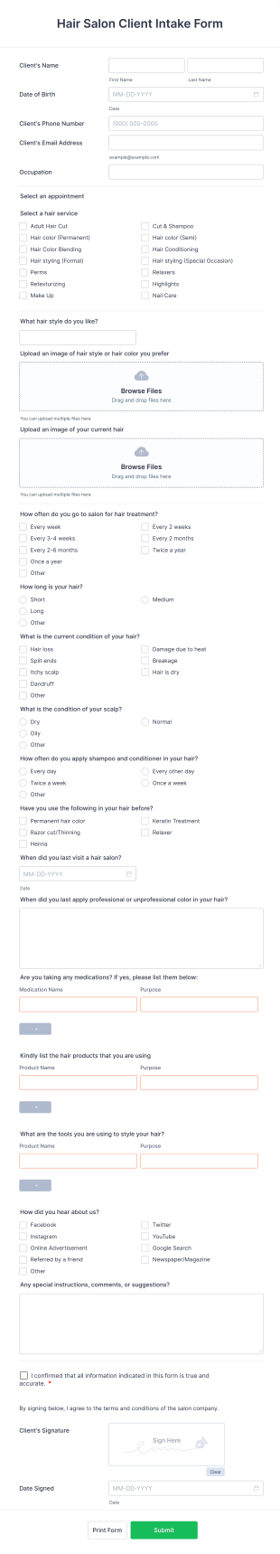 Hair Salon Client Intake Form Template