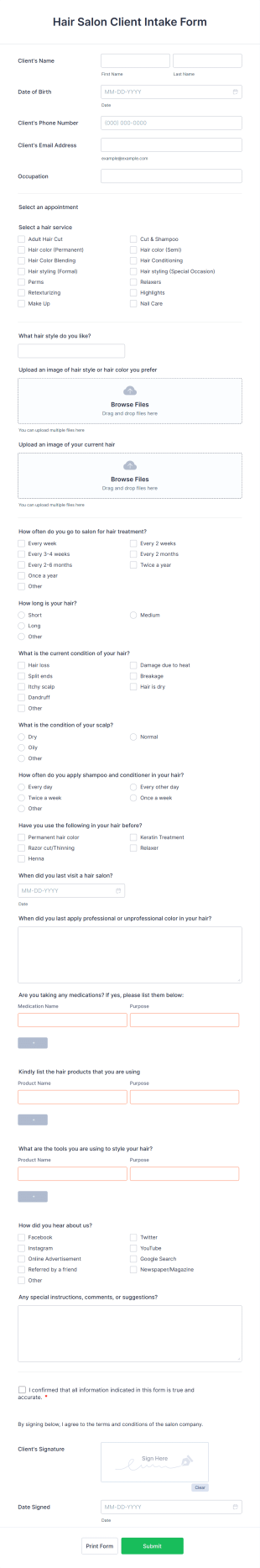 Hair Salon Client Intake Form Template