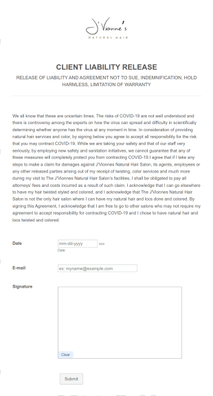 Hair Salon Client Liability Release Form Template