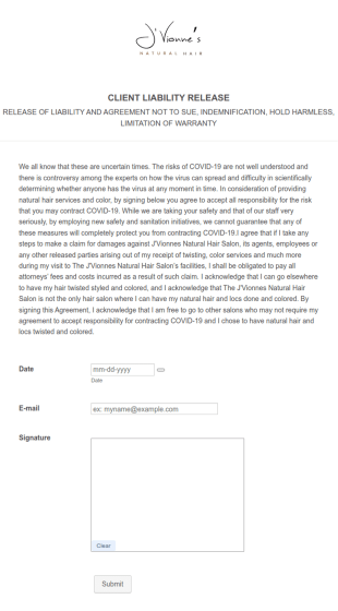 Hair Salon Client Liability Release Form Template