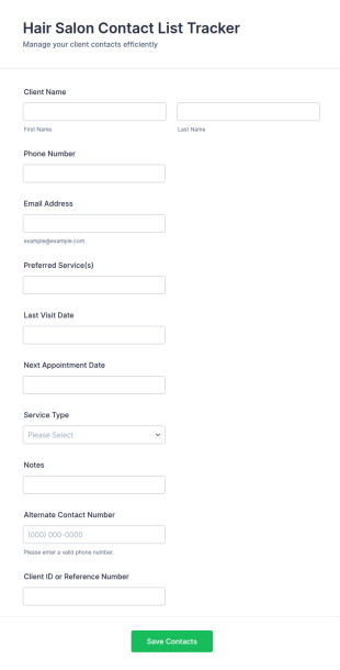 Hair Salon Contact List Tracker Form Template