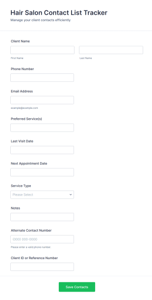 Hair Salon Contact List Tracker Form Template