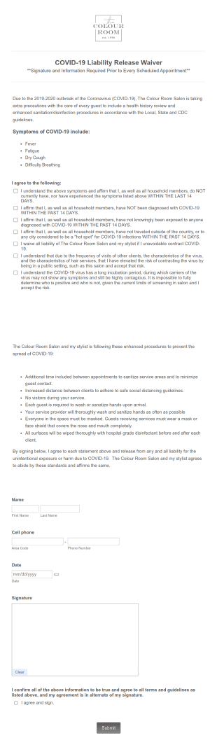 Hair Salon COVID 19 Liability Release Waiver Form Template