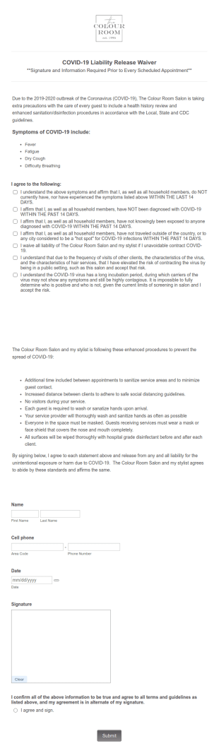 Hair Salon COVID 19 Liability Release Waiver Form Template