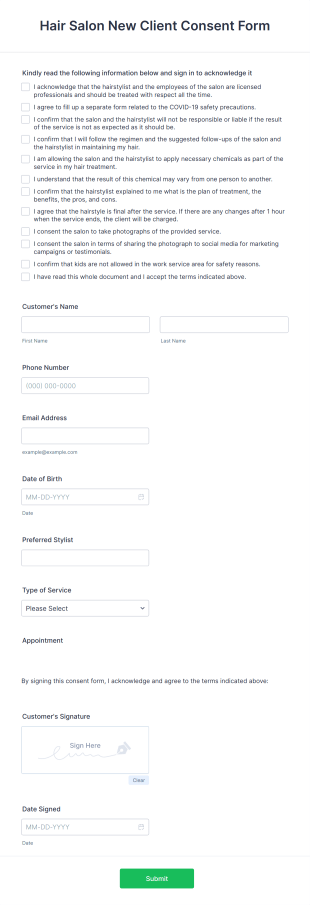 Hair Salon New Client Consent Form Template