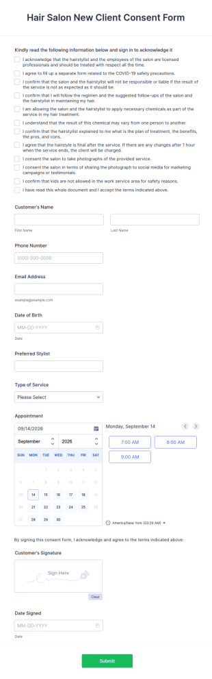 Hair Salon New Client Consent Form Template