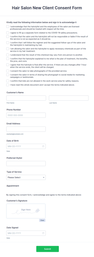 Hair Salon New Client Consent Form Template