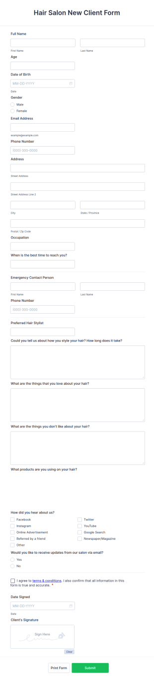 Hair Salon New Client Registration Form Template