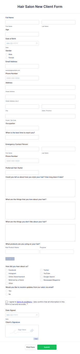 Hair Salon New Client Registration Form Template